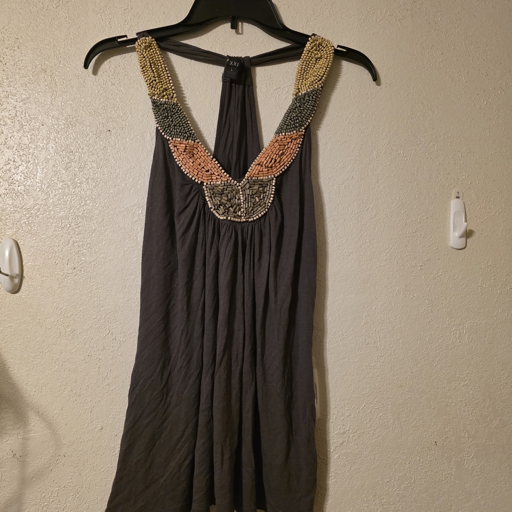 Top with Gold, Green, and Peach Beaded Neckline